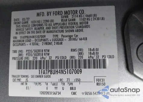 2022 Ford Mustang Ecoboost Premium из США, поврежденный, VIN 1FATP8UH4N5107009